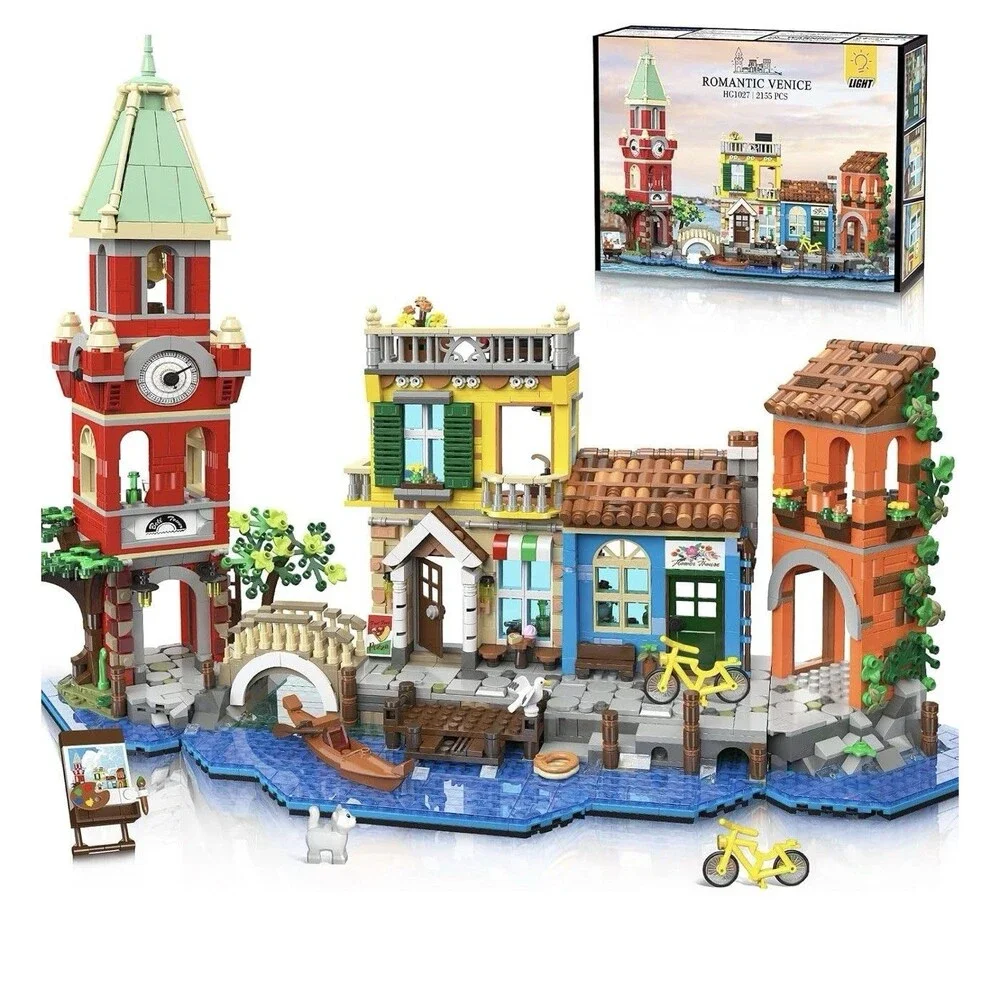 Plaxsoon Building Blocks Venice Street Lights City Shops Canal European Villa